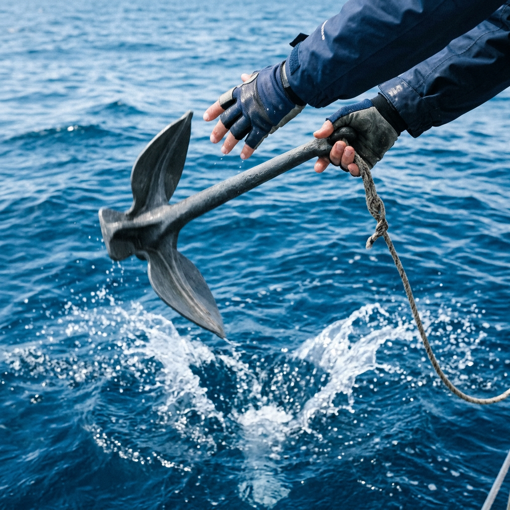Hands in gloves holding a metal anchor with rope over ocean water splashing