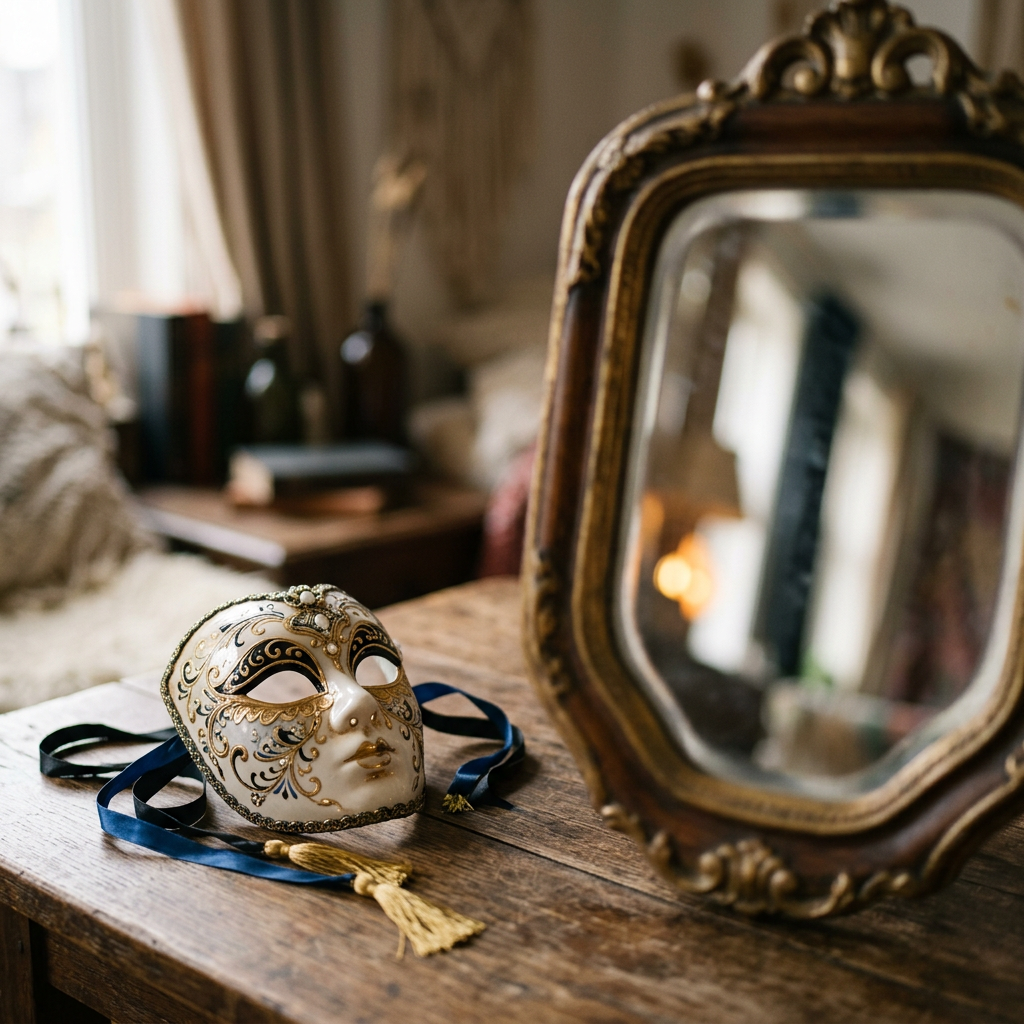 Decorative Venetian-style mask with gold and black designs on wooden table